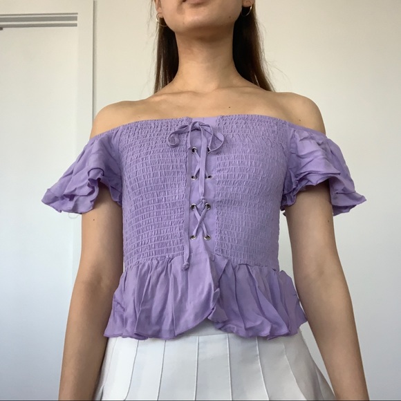Purple Off-the-Shoulder Top with Ruffles - Picture 9 of 11